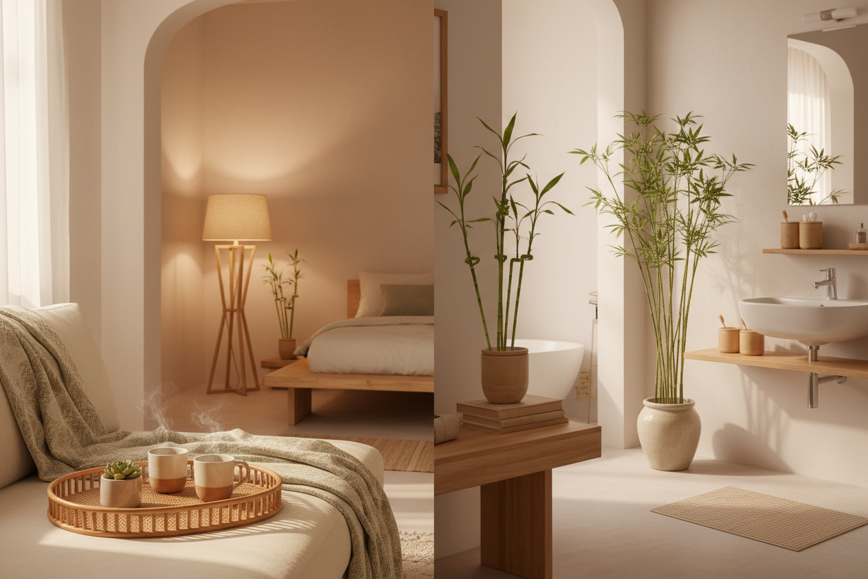 Accessoires en bambou dans différentes pièces : plateau au salon, lampe en chambre, rangement en salle de bain, ambiance naturelle