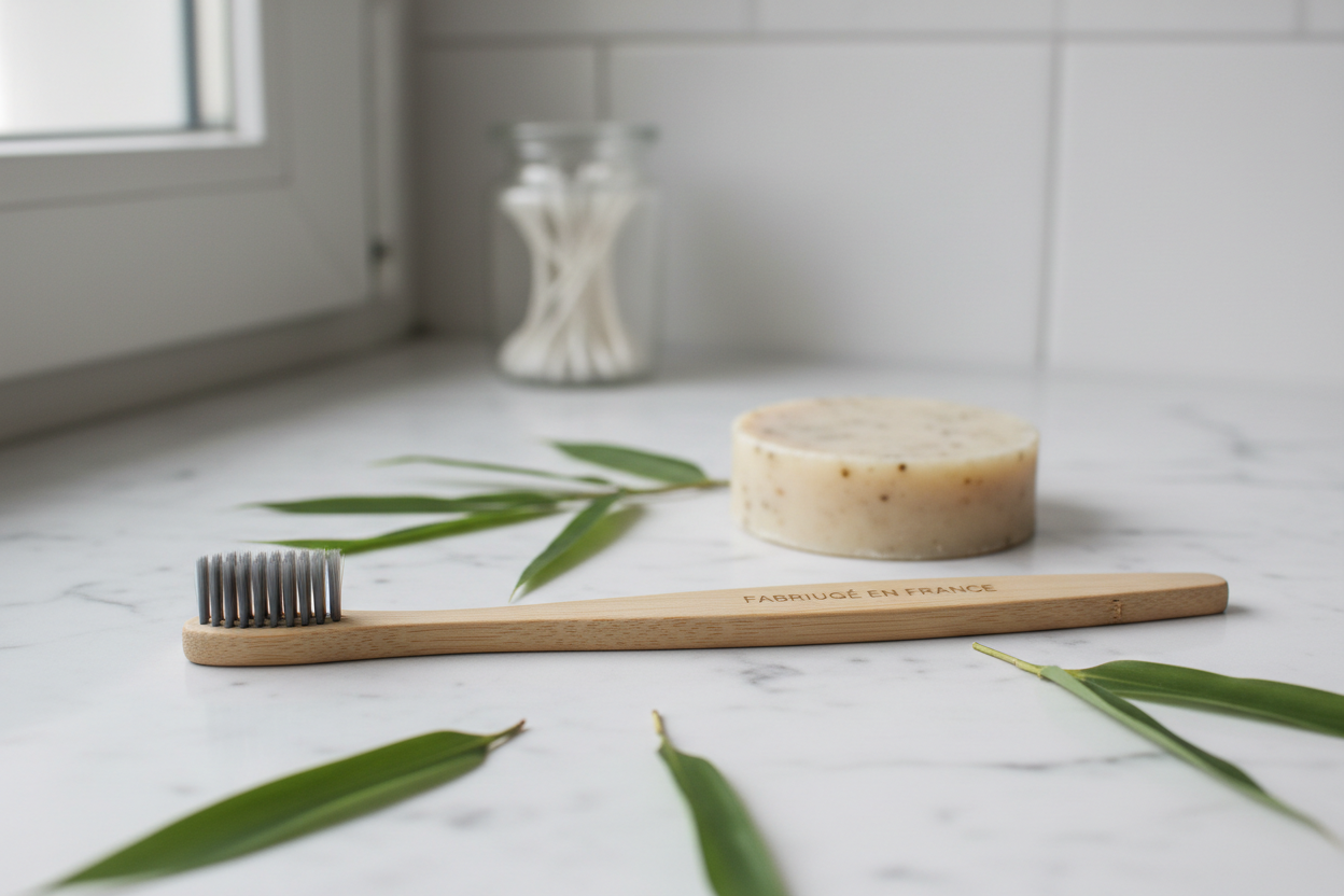 Brosse à dents en bambou fabriquée en France posée sur marbre blanc avec feuilles de bambou, salle de bain zéro déchet