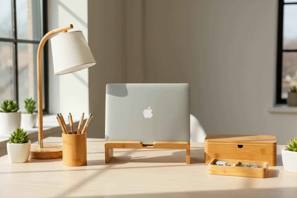 Bureau minimaliste avec support ordinateur, lampe, porte-stylos et boîte de rangement en bambou naturel