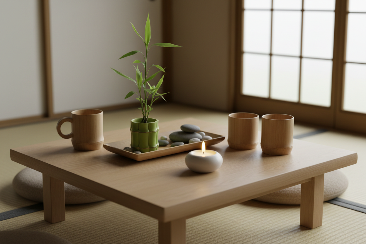Scène zen avec gobelet en bois, plateau en bambou, bougie et plante sur table basse, lumière douce et naturelle