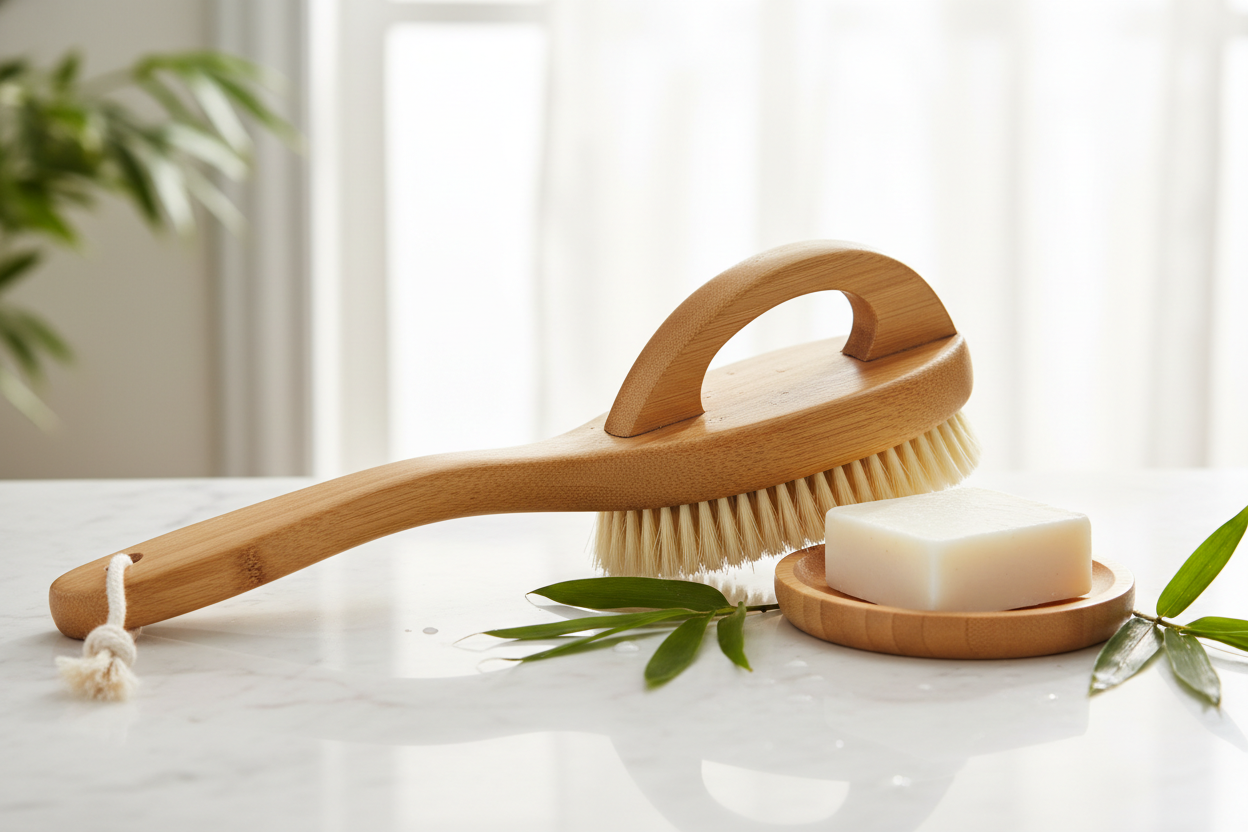 Brosse de dos en bambou naturel posée sur marbre blanc avec savon naturel et feuilles de bambou, ambiance spa