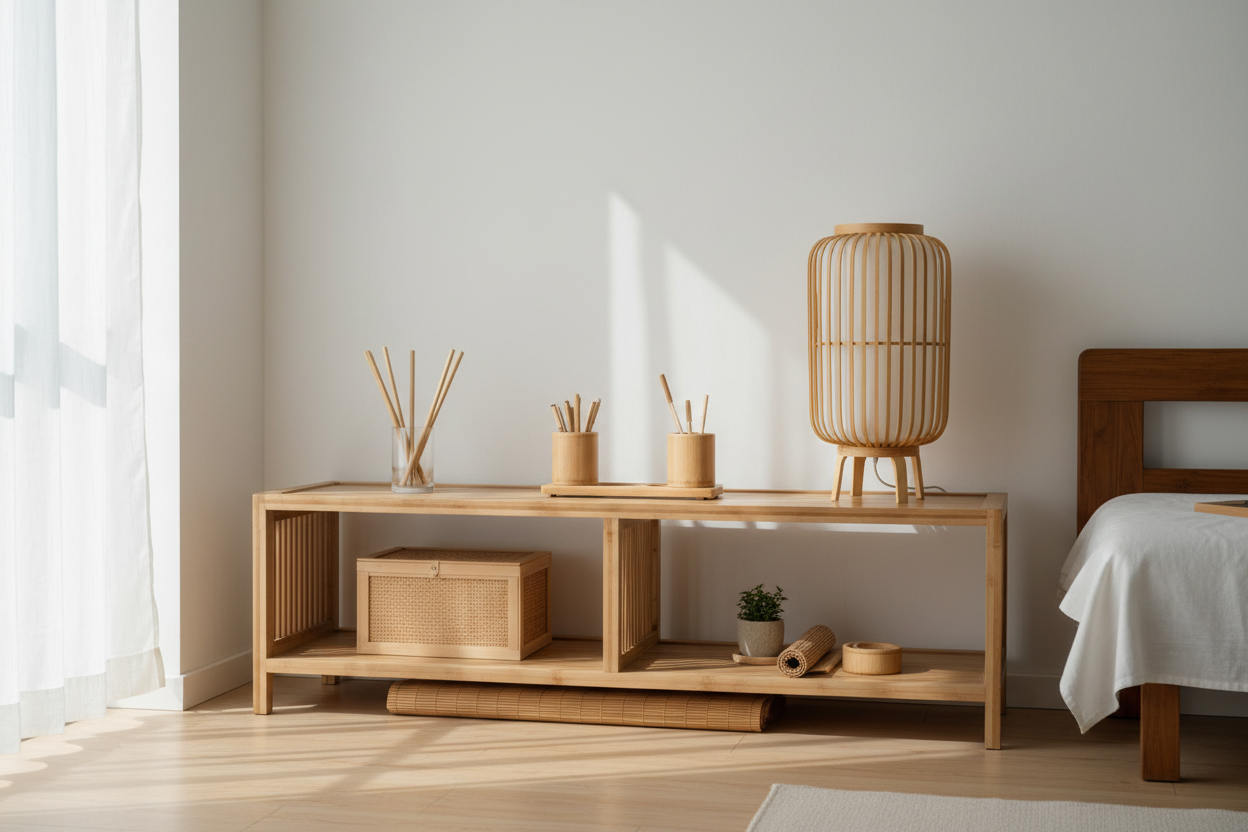 Étagère en bambou avec panier, lampe, porte-stylos et pailles en bambou, intérieur Japandi chaleureux