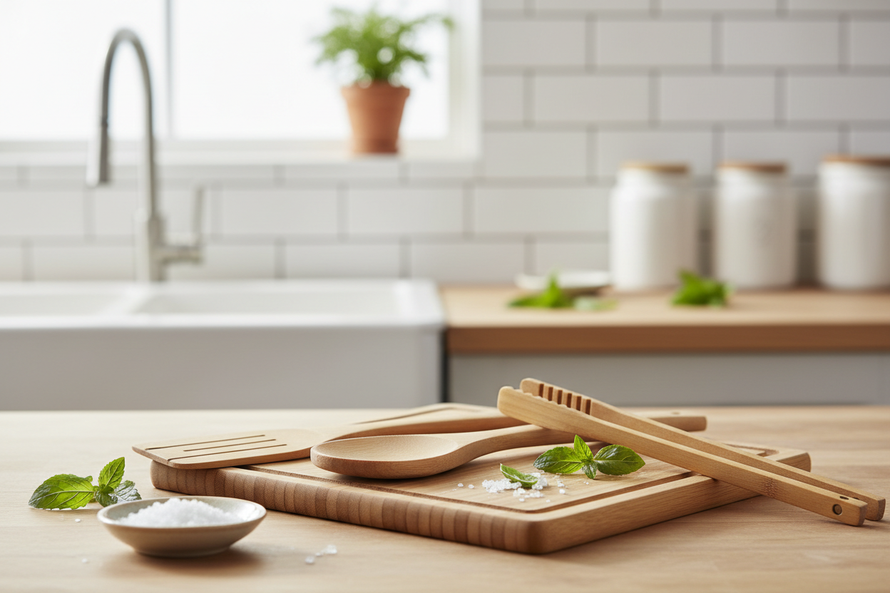 Ustensiles de cuisine en bambou naturel : spatule, cuillère, pince et planche à découper sur plan de travail en bois