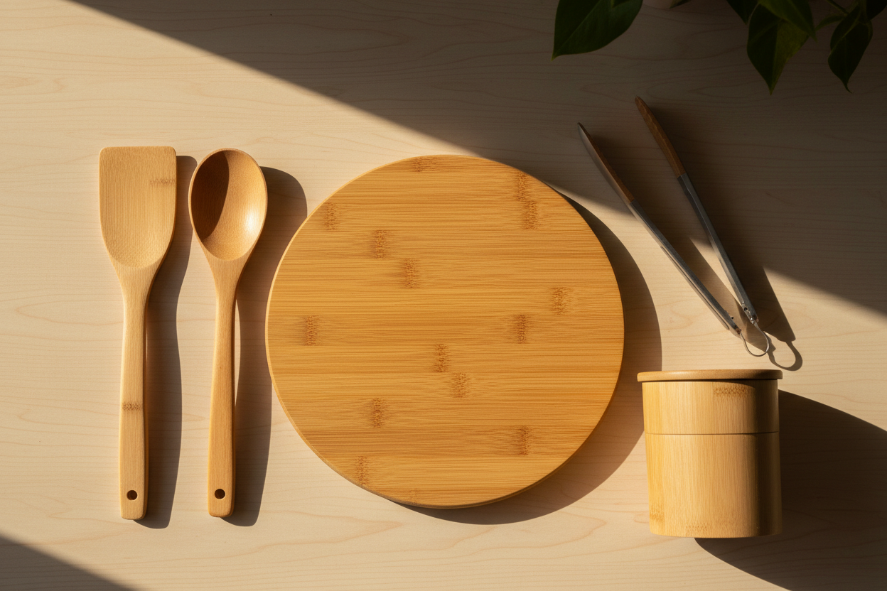 Les 5 ustensiles en bambou indispensables : spatule, cuillère, pince, planche à découper et boîte de conservation sur bois clair